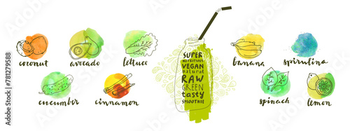 Green vector superfoods smoothie poster. Nutritious organic food labels set. Vector fresh healthy food icons. Vintage badges for restaurant menu or food package. Modern calligraphy, watercolor banner 