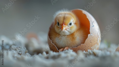 Close-up of a fluffy yellow baby chick just hatched from the egg, with eggshell fragments around. Exciting new life and beginnings concept in a farm or rural setting.