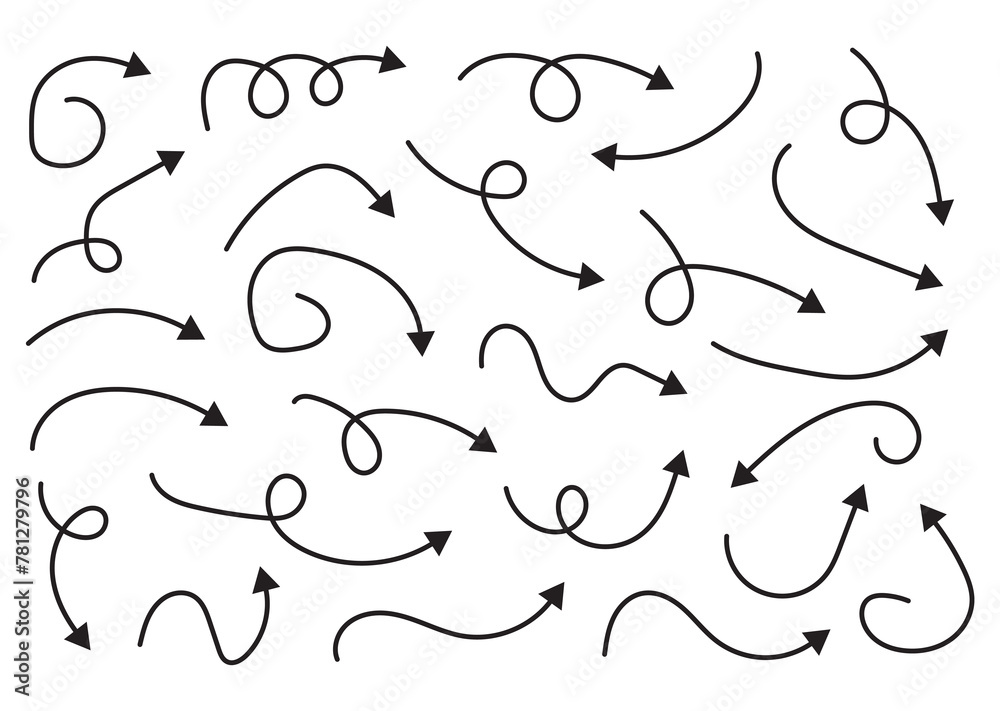 Doodle arrows. Hand drawn line pointers, pencil sketch elements, round curly wavy direction arrows. Vector linear black arrow set. Used in web , templates . Isolated on white background in eps 10. Doodle arrows. Hand drawn line pointers, pencil sketch elements, round curly wavy direction arrows. Vector linear black arrow set. Used in web , templates . Isolated on white background in eps 10.