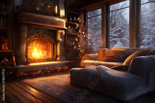 The image depicts a cozy room with a lit fireplace, surrounded by a couch, a chair, and several books. The room is decorated for Christmas, with a small tree and festive lights. The windows overlook a © feroooz arts