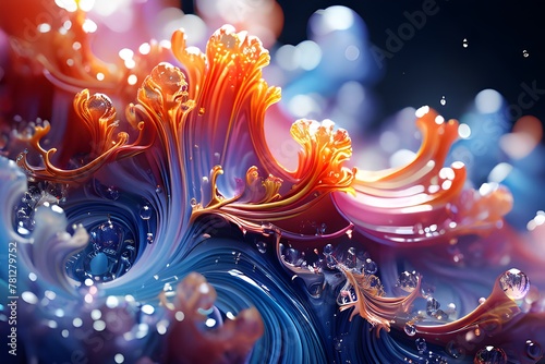 a colorful abstract composition with swirling shapes and a pattern of dots. The colors are vibrant  including orange  blue  and purple. The shapes resemble flowers and have a liquid quality. The backg