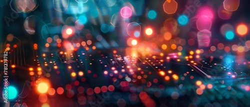 A wide shot of electronic circuits with neon lights and bokeh flares, embodying a futuristic tech wonderland.