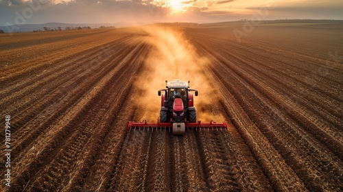 Before sowing grain, a combine harvester is seen working in an agricultural field, plowing the fertile land as viewed from a drone. photo