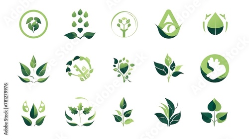 An artistic collection of green leaf and plant icons symbolizing various aspects of sustainability and nature conservation photo