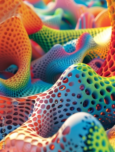 Close-up view of a digitally created ecosystem with a textured surface, vibrant colors, and organic dot patterns.