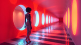 slender woman in an unusual corridor, abstract stylish runway background with bold patterns and vibrant colors