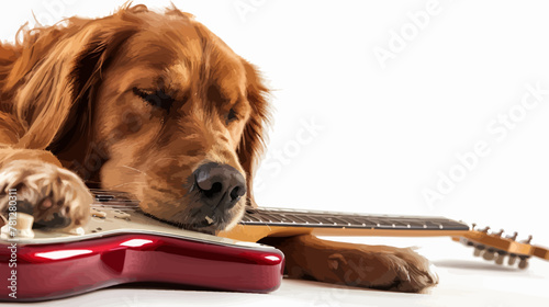 a brown dog laying next to a red guitar