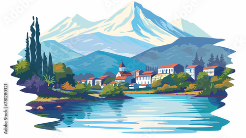a painting of a lake with houses and mountains in the background