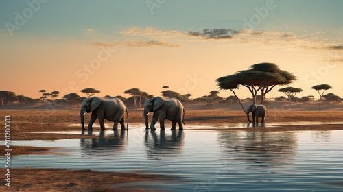 In the golden light of dusk, a family of elephants quenches their thirst at a waterhole surrounded by African savannah