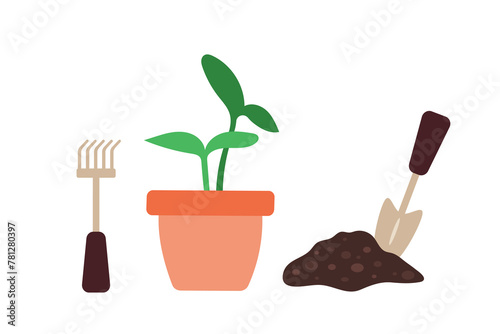 Sprout in a pot, vegetable seedlings. Vector illustration of a garden planting set with shovel and rake.