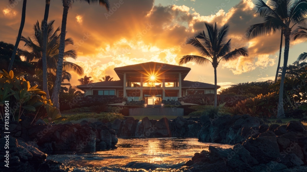 photo of a luxury home in kailua kona, hawaii; dramatic lighting, sunflare, cinematic - obrazy, fototapety, plakaty 