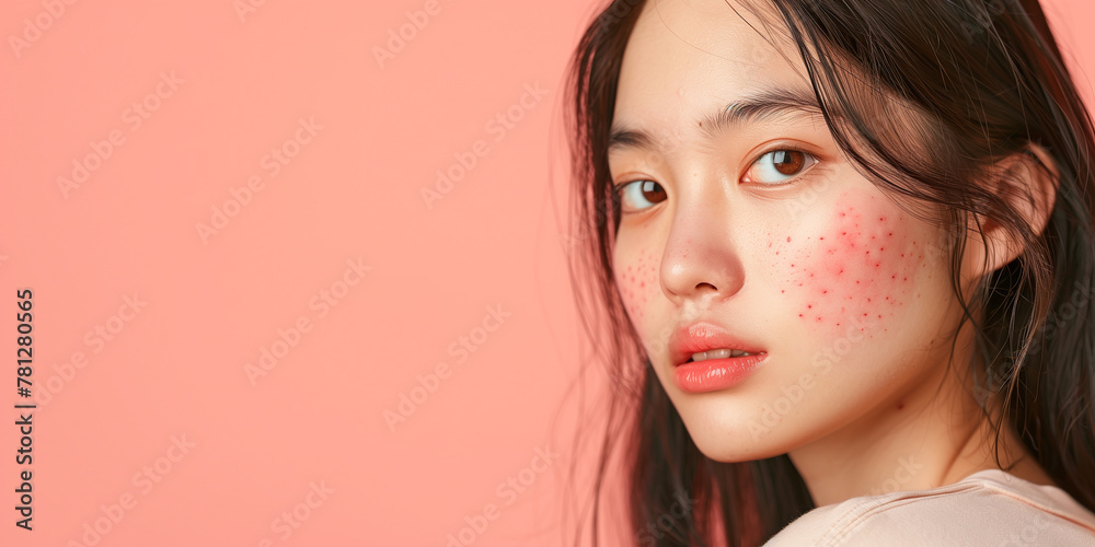 Banner with  young Asian woman on solid background, face with skin problems. Copy space, close-up. Acne, pimples, menstruation, acne treatment, hormonal failure, cosmetology.