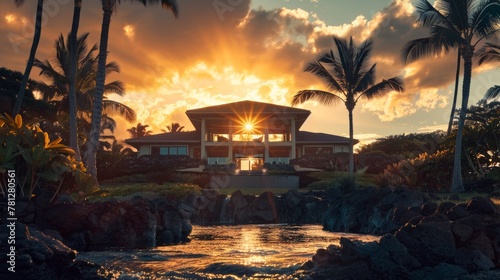 photo of a luxury home in kailua kona, hawaii; dramatic lighting, sunflare, cinematic photo