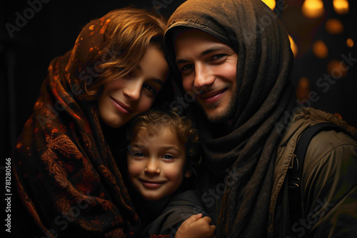 A heartwarming scene of a Muslim family, the lady wearing a hijab, the child, and the man, radiating warmth and happiness against a solid backdrop.
