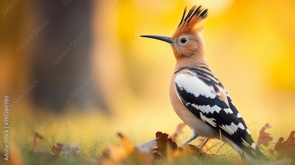 A portrait of a Eurasian hoopoe with its distinctive crown of feathers amid the autumn scenery A portrait of a Eurasian hoopoe with its distinctive crown of feathers amid the autumn scenery