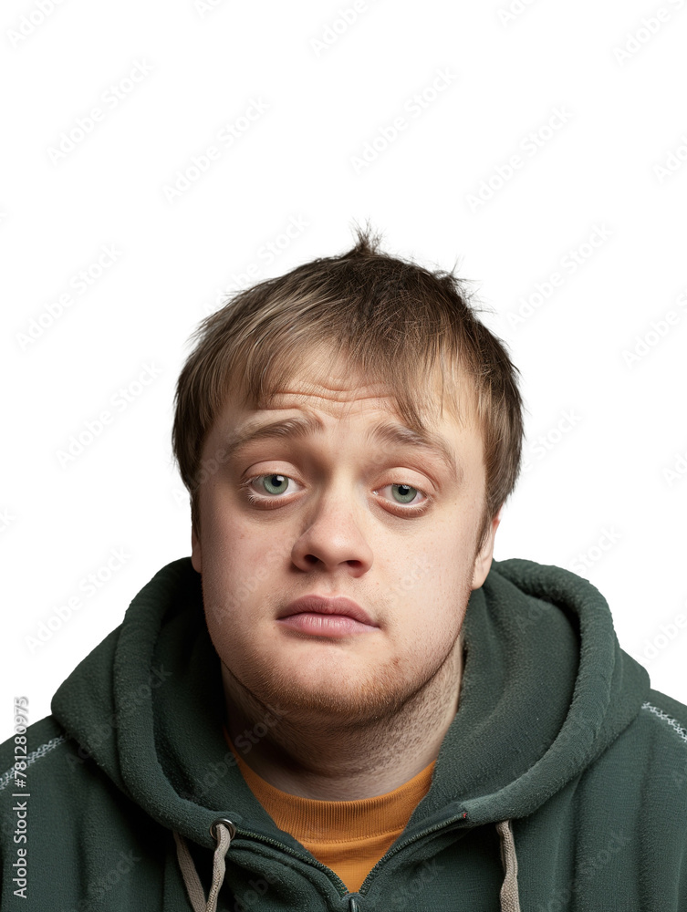 Portrait of a person with concerns, handicap or mental condition, photograph of a young man on transparent background, wearing casual clothes, serious face expression, looking simple, kind and nice Portrait of a person with concerns, handicap or mental condition, photograph of a young man on transparent background, wearing casual clothes, serious face expression, looking simple, kind and nice