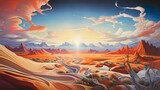 A surreal desert scene with snaking rivers, unique geological formations, and a vibrant sunset sky