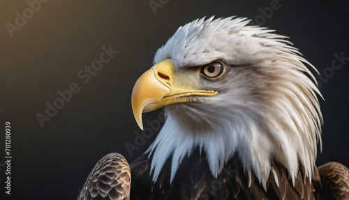 An eagle in close-up on black background with space for text.
