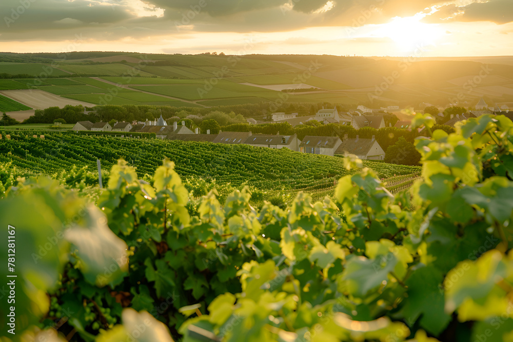 Photo of a grape valley in Burgundy, France. Grape clusters in close-up. The landscape of the vineyard at sunset.