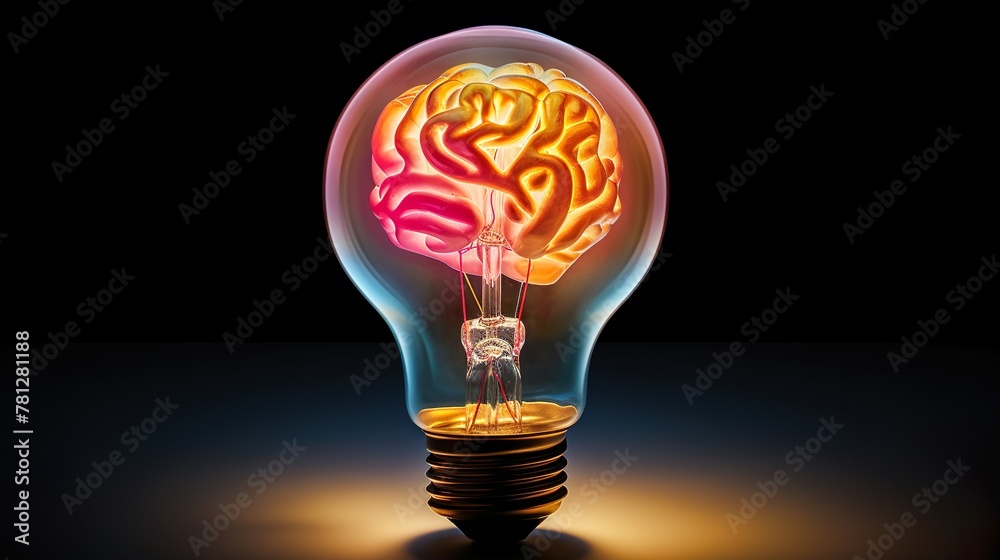 Conceptual image of a light bulb with a brain shaped filament glowing against a dark background Symbolizes ideas, creativity, and intelligence Conceptual image of a light bulb with a brain shaped filament glowing against a dark background Symbolizes ideas, creativity, and intelligence