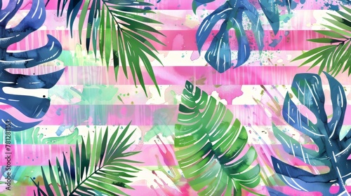 Stylish fashion trendy hipster memphis abstract background with watercolor tropical palm leaves.
