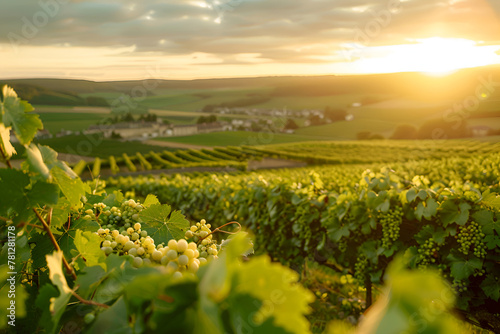 Photo of a grape valley in Burgundy, France. Grape clusters in close-up. The landscape of the vineyard at sunset.