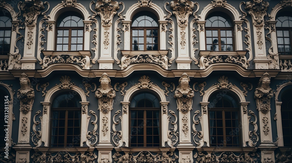 An opulent Rococo styled building exterior adorned with sculptures, window frames, and luxurious design elements