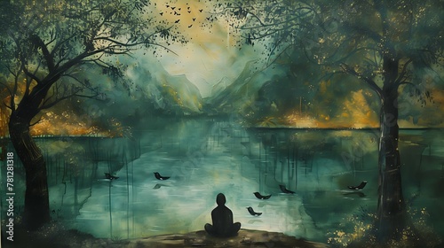 Tranquil Forest Lake Contemplation./n