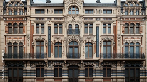 Classic Beaux-Arts architecture with decorative ironwork and stone carvings set against a clear sky photo