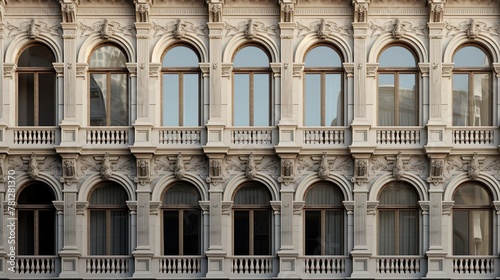 A refined Neoclassical architecture showcase with columns, ornate balconies, and a symmetrical design pattern photo