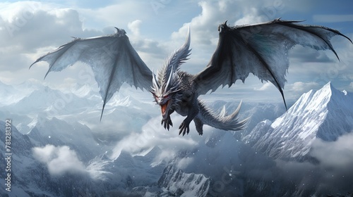 A ferocious dragon dives through a swirling snowstorm, its wings curled for a dynamic descent