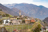 View of Intragna village with the San Gottardo church, fraction of the Centovalli, district of Locarno, in the canton of Ticino, Switzerland