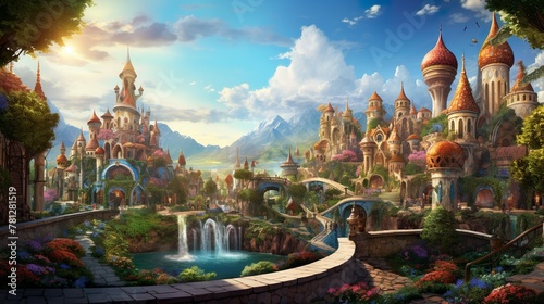 A picturesque fantasy kingdom with soaring castles, beautiful gardens, and a serene river reflecting a bright sunny sky photo