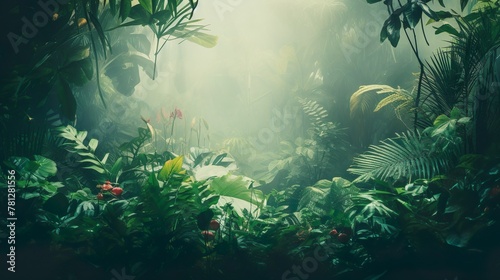 This image creates an atmosphere of secrecy with its dense tropical jungle shrouded in a soft mysterious fog