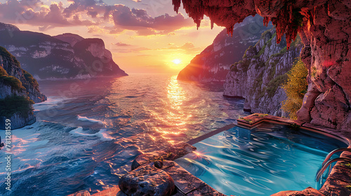 Stunning Coastal Sunset, Scenic Views of the Mediterranean with Rocky Cliffs and Azure Waters, Perfect for Adventure