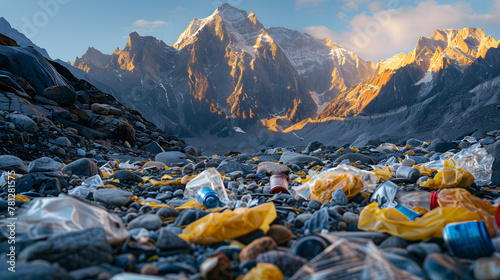A mountain peak, with discarded food wrappers scattered on the rocky terrain as the background, during an alpine cleanup expedition photo