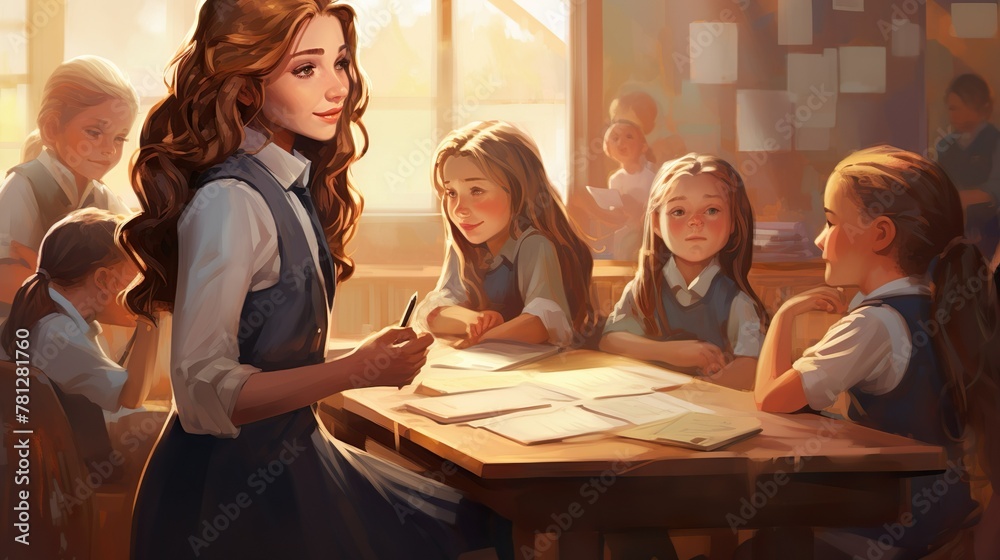A beautifully rendered illustration showing a teacher standing with pen in hand while discussing with young students in a classroom A beautifully rendered illustration showing a teacher standing with pen in hand while discussing with young students in a classroom
