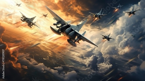 An exhilarating scene of multiple fighter planes in formation with dynamic lighting and clouds surrounding them Captures the essence of air combat photo