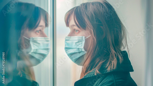 A young girl in a mask looks at her reflection in the mirror. Protection against viruses and pollution. Epidemic and coronavirus restrictions. Medical procedures. Banner. Copy space photo