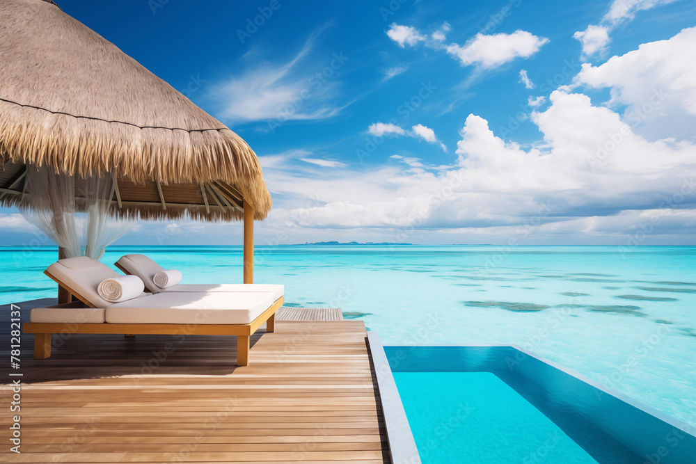 Obraz premium Beautiful tropical landscape with wooden overwater villa with pool and lounge furniture.