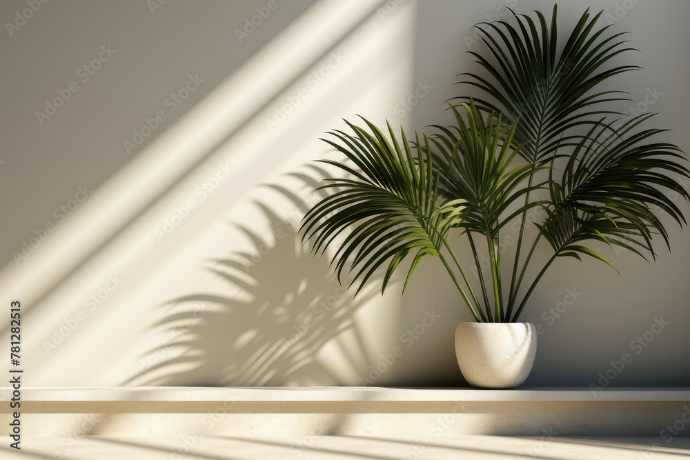 Indoor palm plant against wall with copy space for interior decor concepts Indoor palm plant against wall with copy space for interior decor concepts