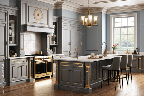 This inviting, luxurious kitchen-living room interior showcases the elegance of english style, with its spacious layout, ornate details, and abundant natural light pouring in through large windows.