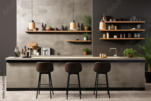 Calm gray tones kitchen interior design with modern appliance