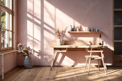 Sunlit room with a large window providing a view of the outdoors, featuring a rustic wooden writing desk in the center, creating a warm and inviting atmosphere.