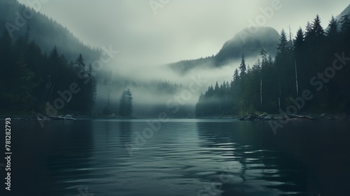 Fototapeta Naklejka Na Ścianę i Meble -  A serene lake mirrors the mist-enveloped mountains and forests in a twilight that exudes tranquility and mystery