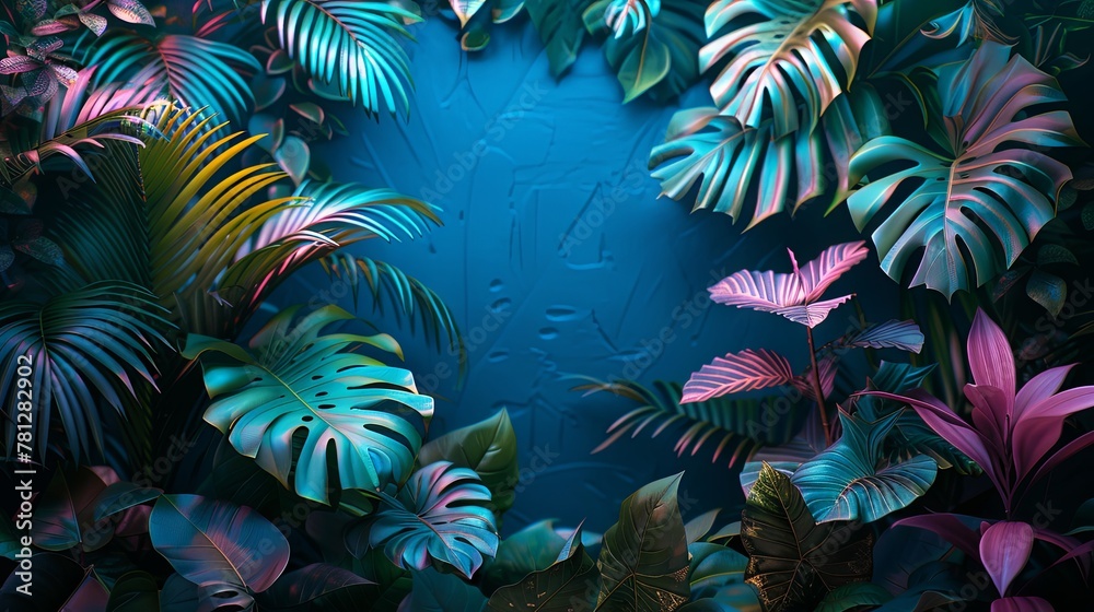 A vibrant display of neon lights in shades of green and blue intertwined with lush tropical foliage A vibrant display of neon lights in shades of green and blue intertwined with lush tropical foliage