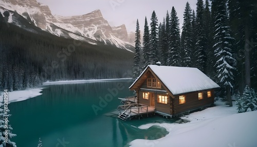 Beautiful view of Emerald Lake with snow covered and wooden lodge glowing in rocky mountains and pine forest on winter at Yoho national park, British Columbia, Canada © Yauhen