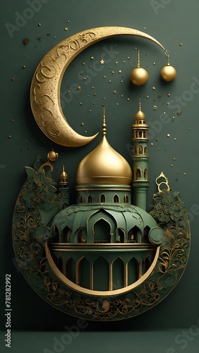 Eid al-Fitr with this vibrant illustration! A majestic mosque bathed in golden light stands beside a crescent moon, symbolizing the end of Ramadan. Ideal for Islamic holidays, Muslim celebrations