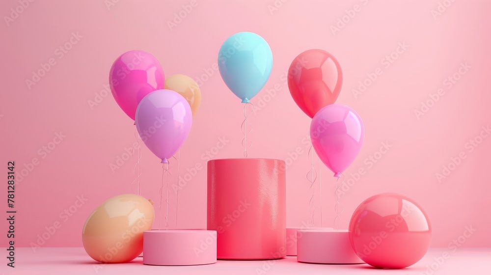 A 3D composition of geometric shapes with abstract pink cylinders on a pink background. A podium with colorful balloons stands atop the podium. A 3D composition of geometric shapes with abstract pink cylinders on a pink background. A podium with colorful balloons stands atop the podium.