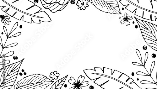 Rectangular frame of tropical leaves. Simple black outline vector drawing. Nature and vegetation. Sketch in ink. Plants and flowers, jungle.